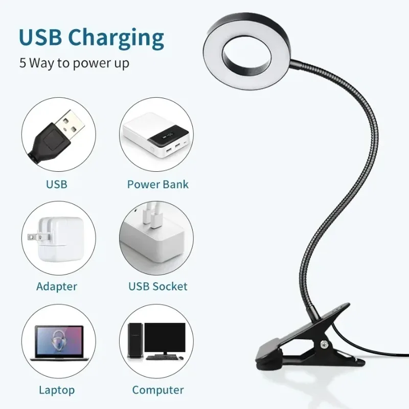LED Desk Clip Study Lamp USB 3 Colours Adjustable Bedside Desk Night Lamp Multi-purpose Flexible Black Reading Lights