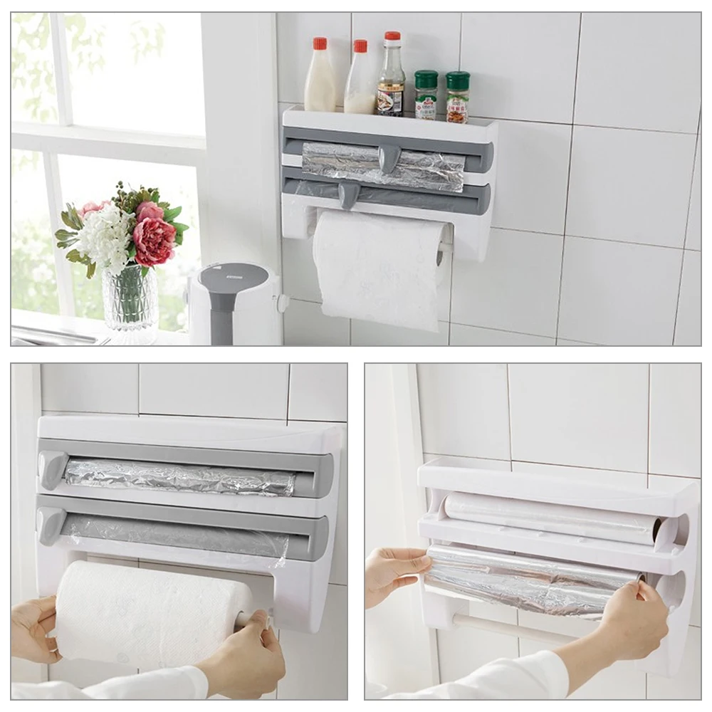 

Kitchen Accessories Paper Towel Holder Kitchen Organizer Sauce Bottle Rack Wall-Mount 4 In 1 Cling Film Cutting Holder