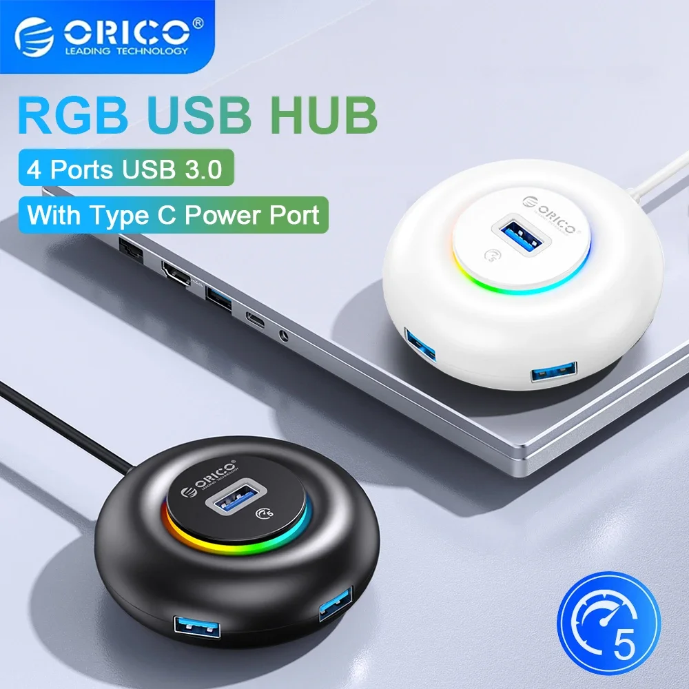 ORICO-HUB USB 3,0 con 4 puertos RGB, divisor Multi USB con carga tipo C, adaptador OTG ultrafino para PC, Macbook Pro y Lenovo