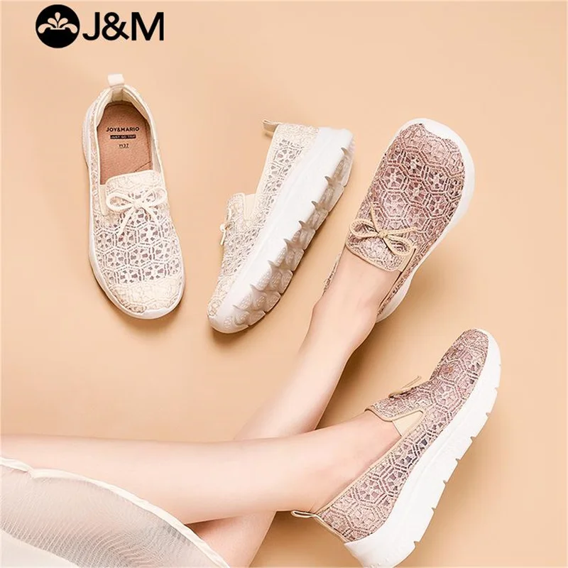 J&M Fashion Casual Shoes Women 2024 Lady Bow Mesh Breathable White Shoes Spring Summer Slip-on Shoes Walking Sports Sneakers