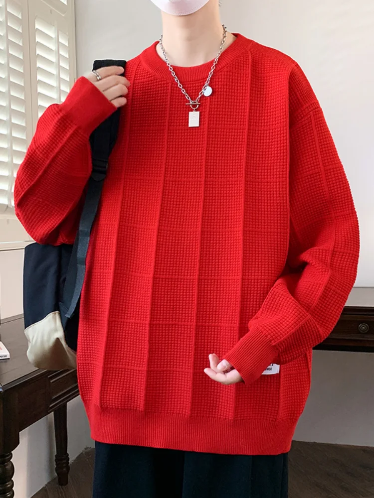 

Красный мужской вязаный свитер для весны и осени, свободный крой, для ношения под одеждой, в стиле lazy, модный повседневный топ, премиум-качество, с длинными рукавами, круглый вырез.