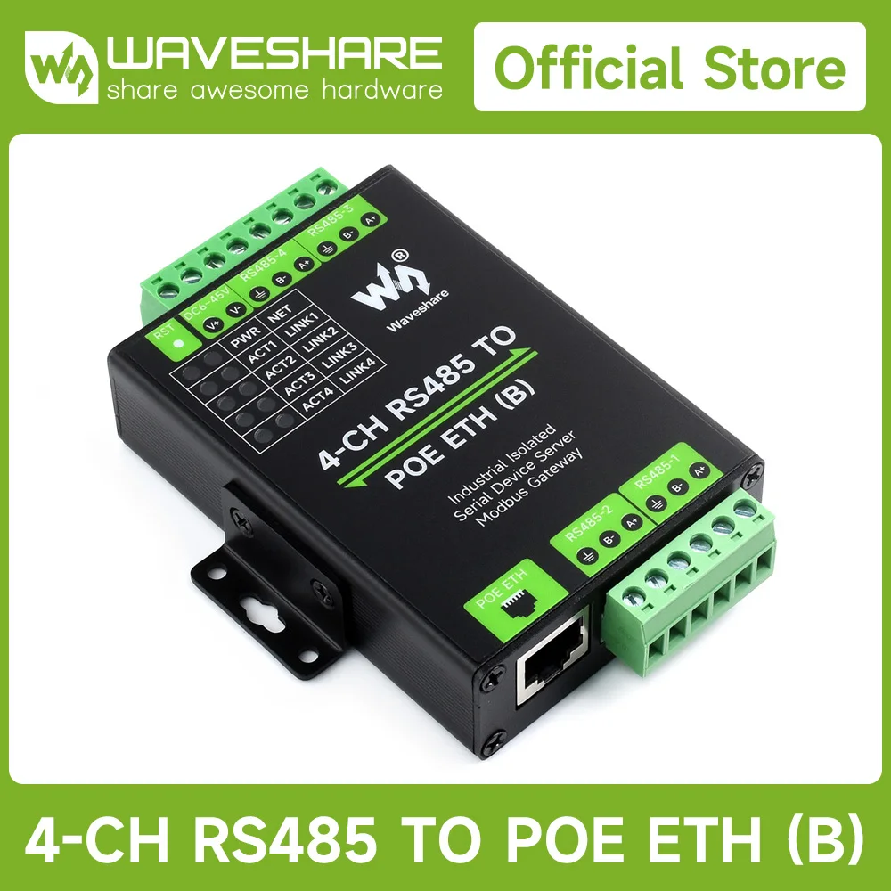 Waveshare 4-Ch RS485 to RJ45 Ethernet Serial Server, 4 Channels RS485 Independent Operation, Modbus Gateway, MQTT Gateway