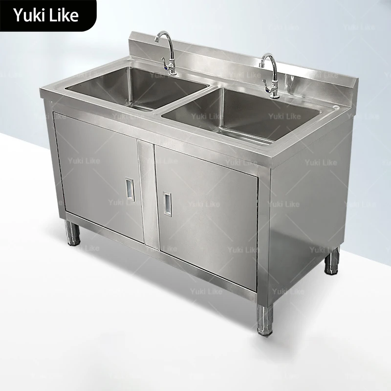 

Stainless Steel Sink Workbench Integrated Sink Cabinet Multifunctional Double Basin Cafeteria Wash Dish and Vegetables Slot