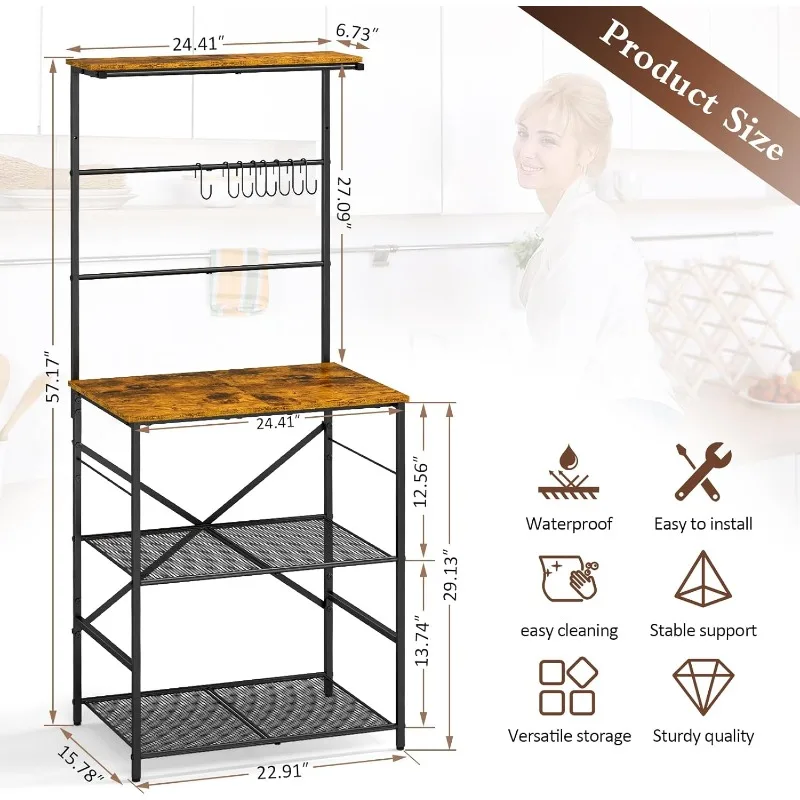 

4-Tier Farmhouse Coffee Bar Shelf - Stand with 8 S-Shaped Hooks, Large Space Coffee Station Table for Kitchen & Living Room -