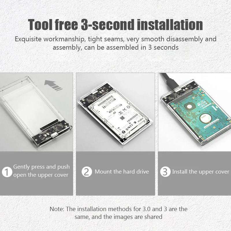 Caja de disco duro SATA SSD de 2,5 pulgadas, carcasa de disco duro USB 3,0 con velocidad de transferencia de 5Gbps y 6TB, diseño transparente, carcasa externa móvil