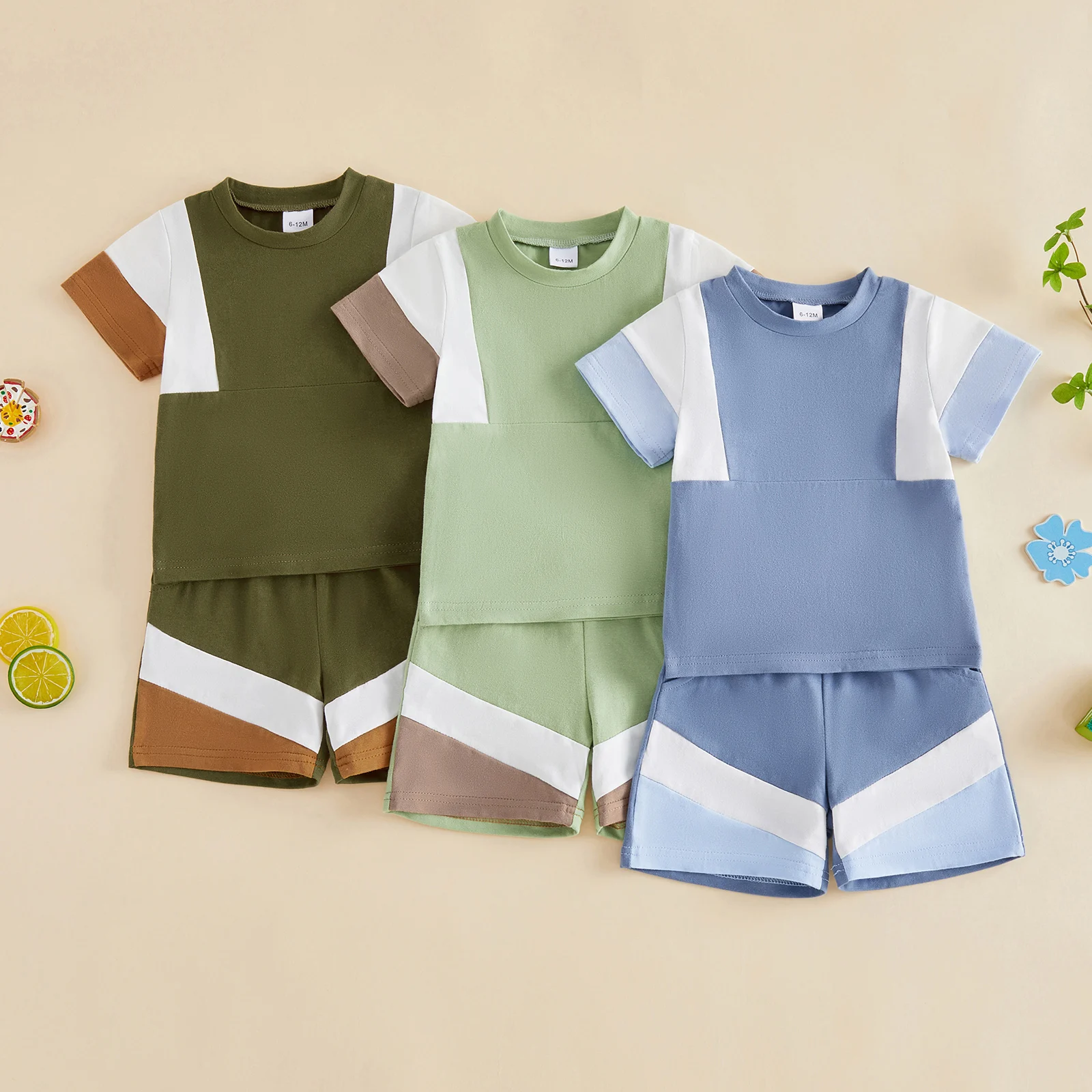 Toddler Baby Boys Summer Outfit Contrast Color Patchwork Short Sleeve T shirt Tops with Shorts 2Pcs Boys Casual Set