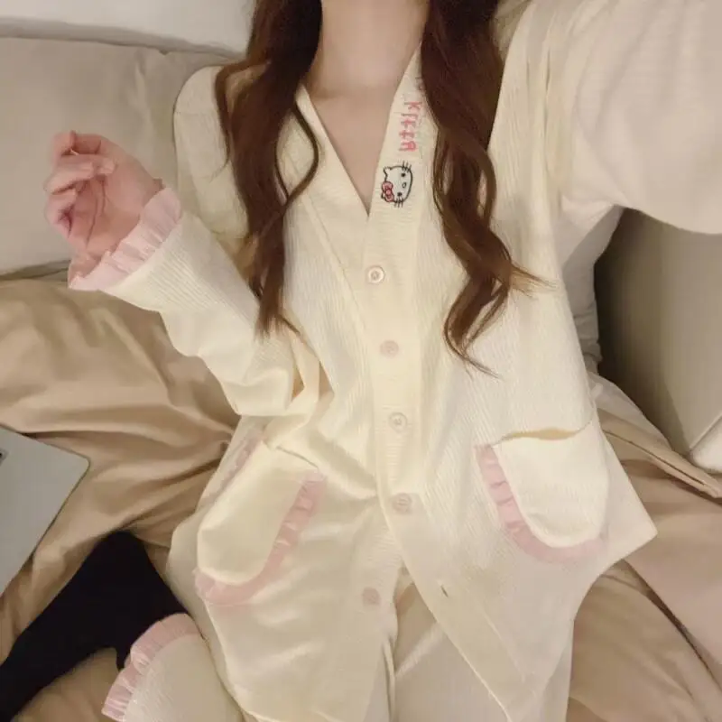 

Горячая новинка: Комплект пижамы-кардигана Sanrio Hello Kitty из хлопка для женщин и девочек – милый домашний и уличный наряд с длинными рукавами и брюками для весны и осени