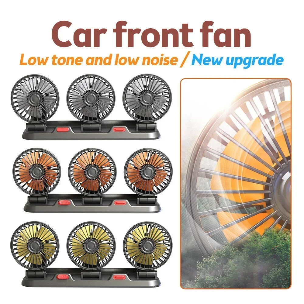 Car Fan Cooling Car Electric Fan 360° Adjustable 3 Heads USB/12V/24V Fan 2 Speed ​​Silent Cooler for Dashboard RV Truck SUV