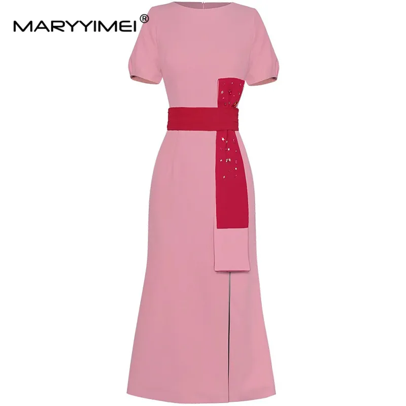 MARYYIMEI Fashion Women\'s New High Quality Short-Sleeved Pleated Patchwork Studded Diamond Elegant Split Hip Wrap MIDI Derss