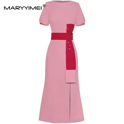 MARYYIMEI Fashion Women's New High Quality Short-Sleeved Pleated Patchwork Studded Diamond Elegant Split Hip Wrap MIDI Derss