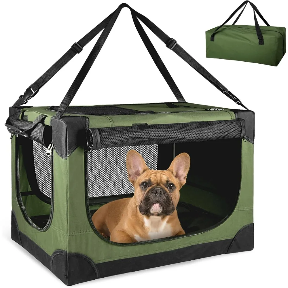

Soft Small Dog Crate - 24 inch Portable Travel Puppy Crate for Small Pets or 2 Cats, Collapsible Pet Carrier with 4 Mesh Doors,