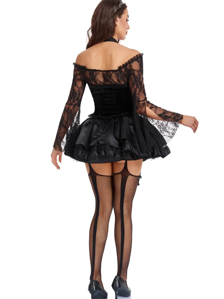 Gotisches Skelett-Cosplay-Kostüm für Damen, schulterfreies Kleid mit Spitze und ausgestellten Ärmeln, kurzes Kleid für Halloween, Nachtclub, Karneval, Rollenspiel-Outfit – Detail 11