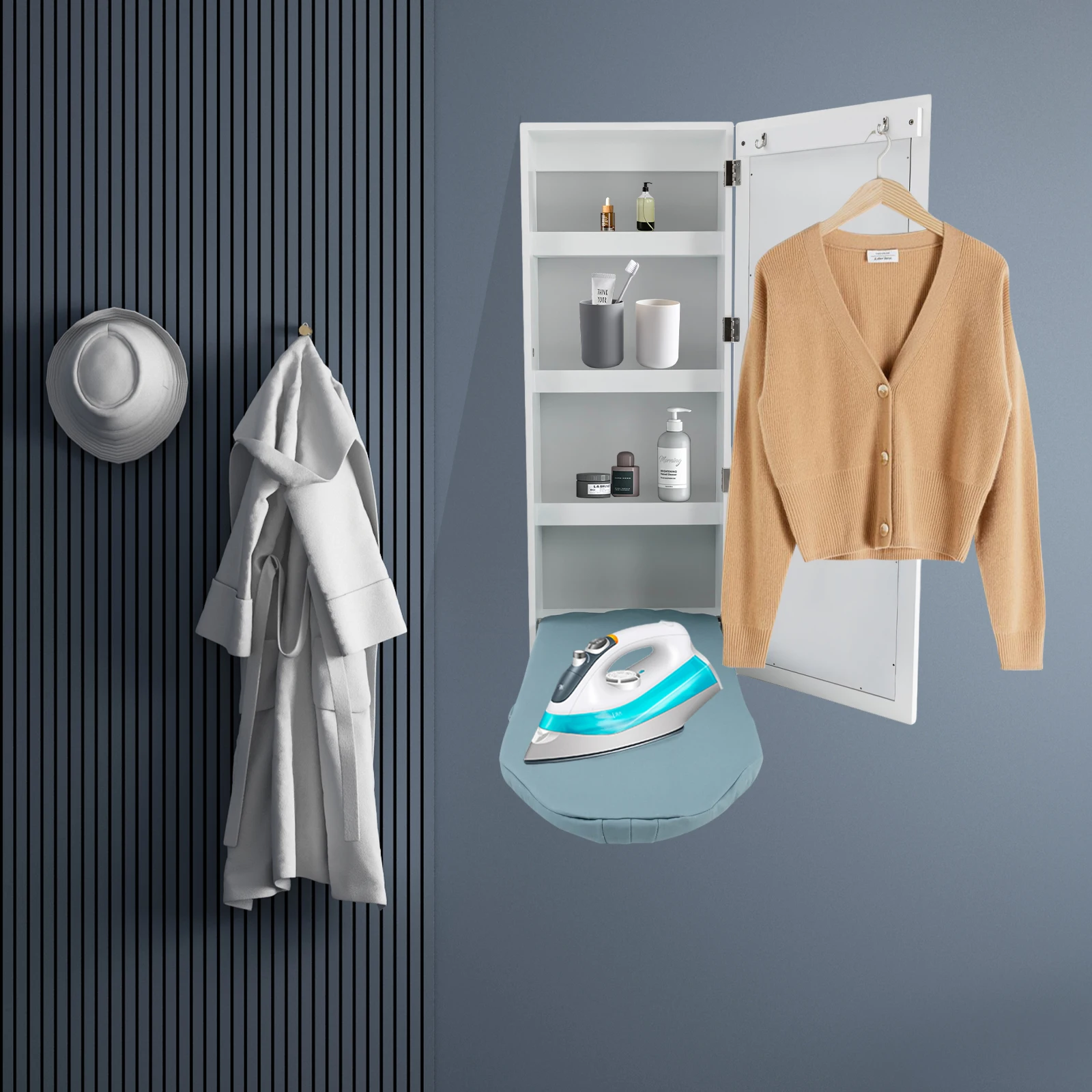 

Ironing Board Wall Mount Wall Mounted Ironing Board Cabinet Foldable Hanging Mirror Door with Fold Up&Down Built in Ironing Boar