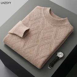 LHZSYY Men's 100%Cashmere Sweater Winter Half-Neck Thicken Pullovers Youth Casual Tops Diamond Knit Base Shirt Large Size Jacket