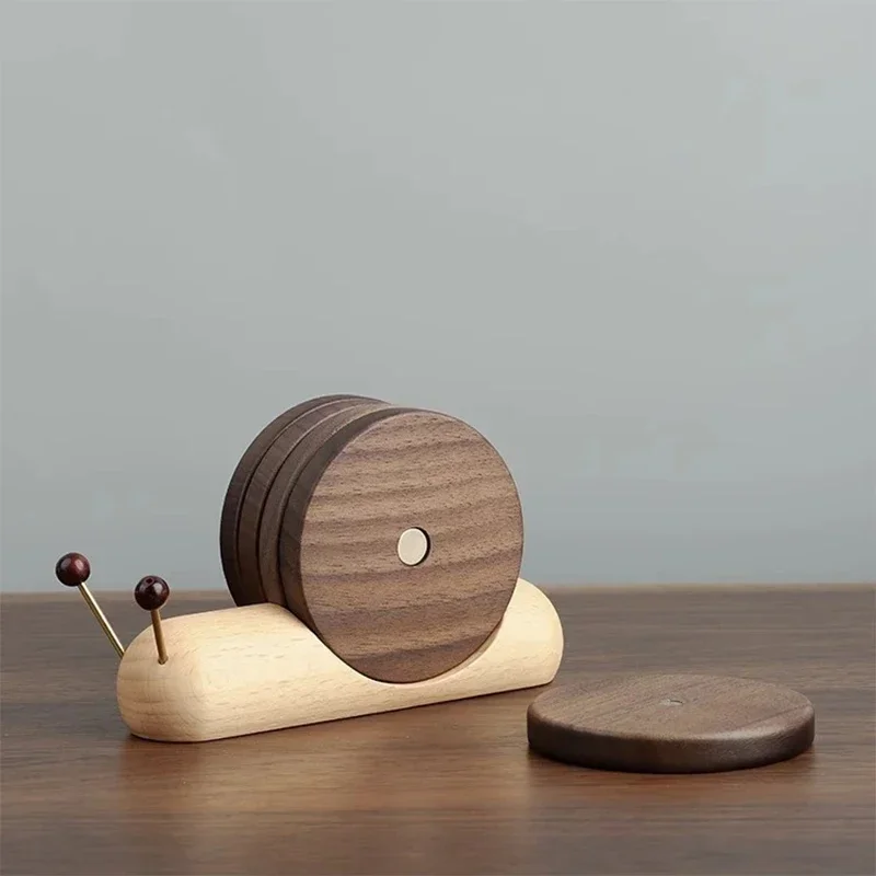 Solid Walnut Wood Coaster Snail Anti-Slip Coffee Tea Insulation Placemat DIY Wooden Coaster Set Home Desktop Decoration