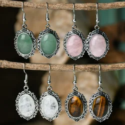 Oval Natural Stone White Crystal Earrings Gemstone Rose Quartz Green Aventurine Tiger's Eye Chakra Earring