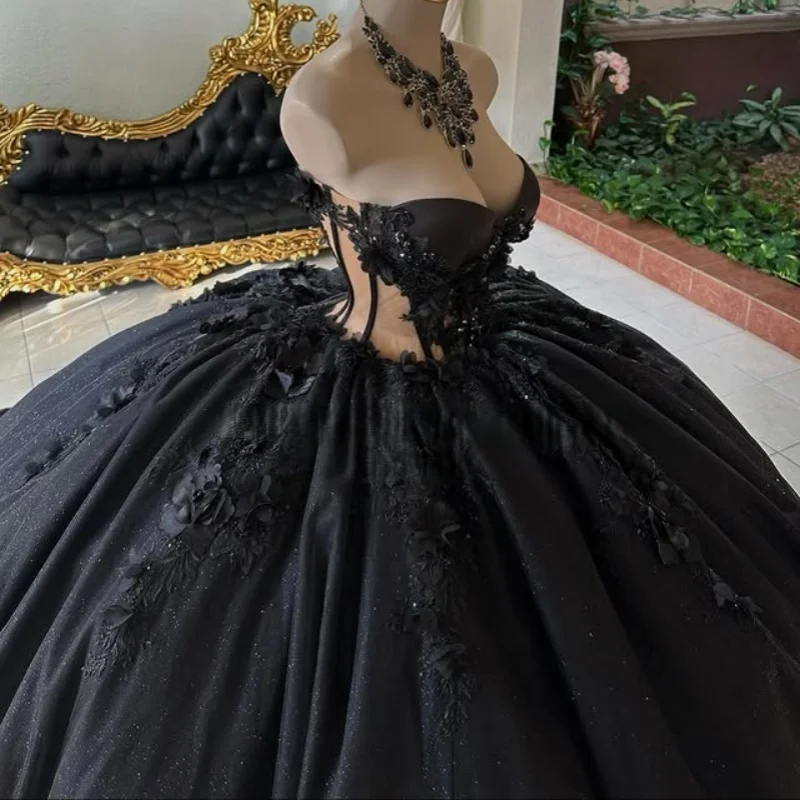 

Customized Shiny Black Quinceanera Dresses Off the Shoulder applique Tull Long tail 3D flower Vestido 15 Quinceanera