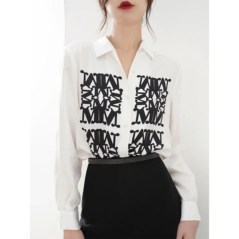 Max MM Letter Print Women Shirt Loose Tops Long Sleeves Elegant White Blouse Luxury Designer Brand Spring Summer Woman Clothing