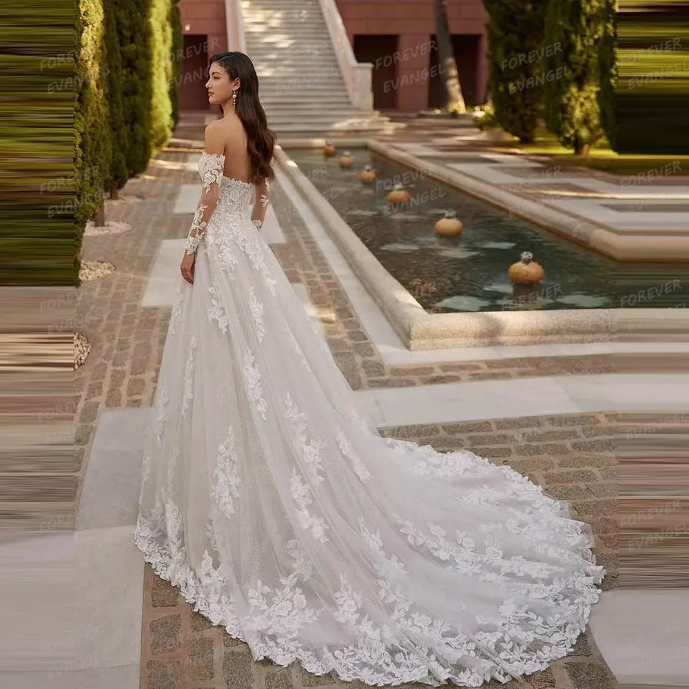 Abiti da sposa eleganti con applicazioni personalizzati Abiti da sposa da donna con linea A Appliques Manica lunga con spalle scoperte Abiti da cerimonia