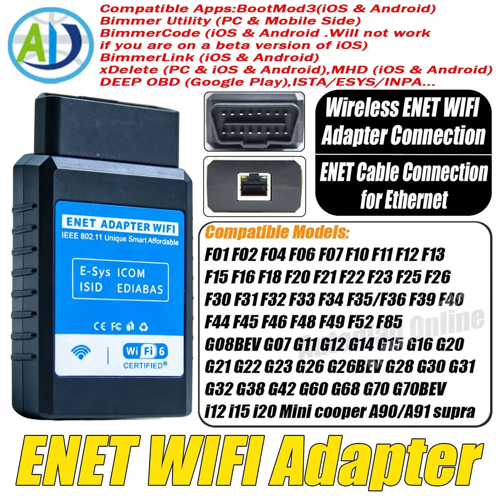 ENET WiFi Adapter For F/G/I/Mini Series OBD2 Diagnostic Scanner for BimmerCode/Bootmod3/xDelete/MHD ENET Wifi Adapter Scanner