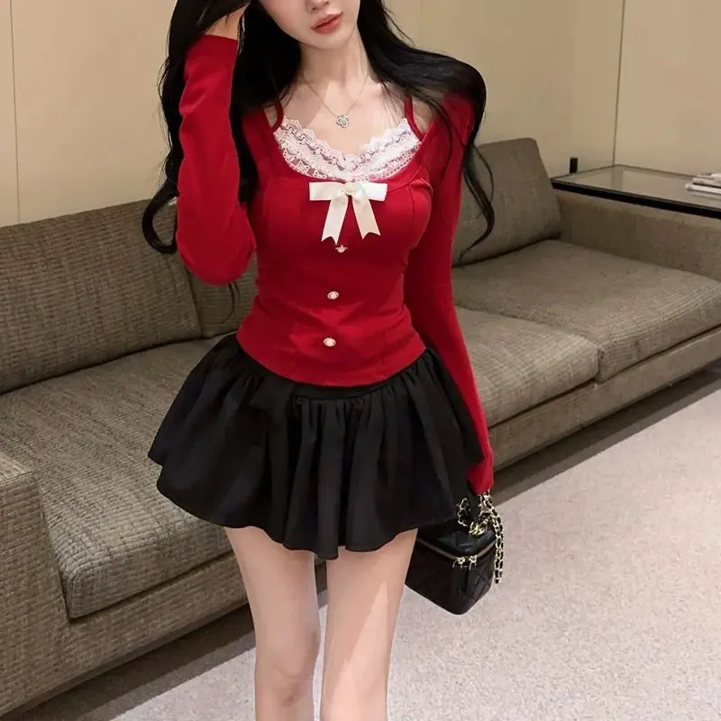

Women's Clothing Lace Spliced Bow Pullovers Fake Two Pieces Autumn Solid Color Sweet Long Sleeve Slim Chic Slash Neck T-shirts