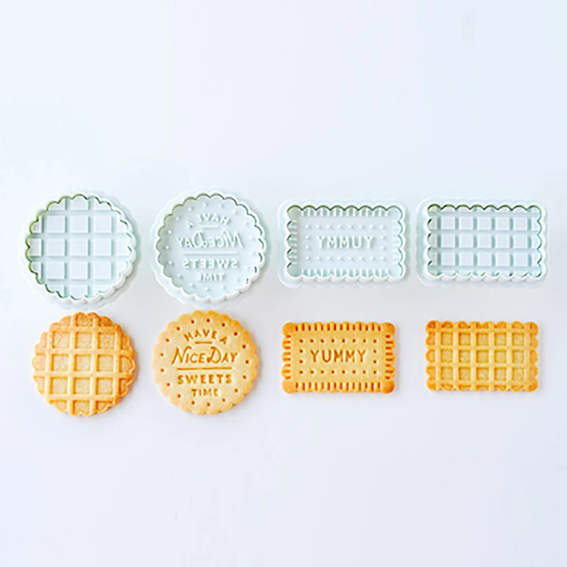 4Pcs/set Waffle Pattern Plunger Cutter Round Square Shape Biscuit Cookie Cake Mold Dessert Pastry Cutter Mold Baking Tools