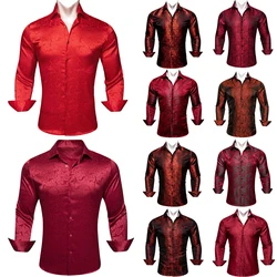 Silk Shirts for Men Red Burgundy Paisley Flower Long Sleeve Slim Fit Male Blouse Casual Lapel Clothes Tops Streetwear Barry Wang