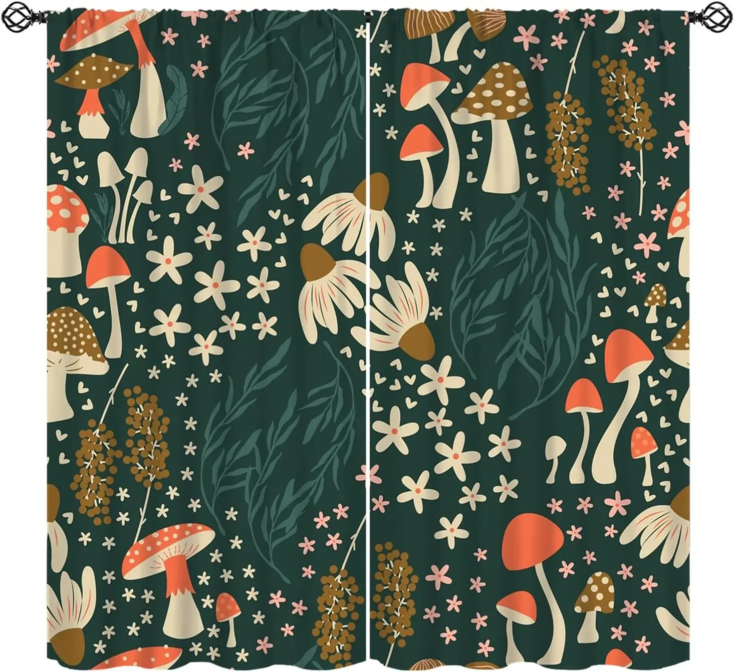 Dark Green Daisy Mushroom Curtain 2 Panels, Red Spotted Fungus White Daisy Tiny Floral Leaf Print,Drapes Bedroom Cottage Curtain