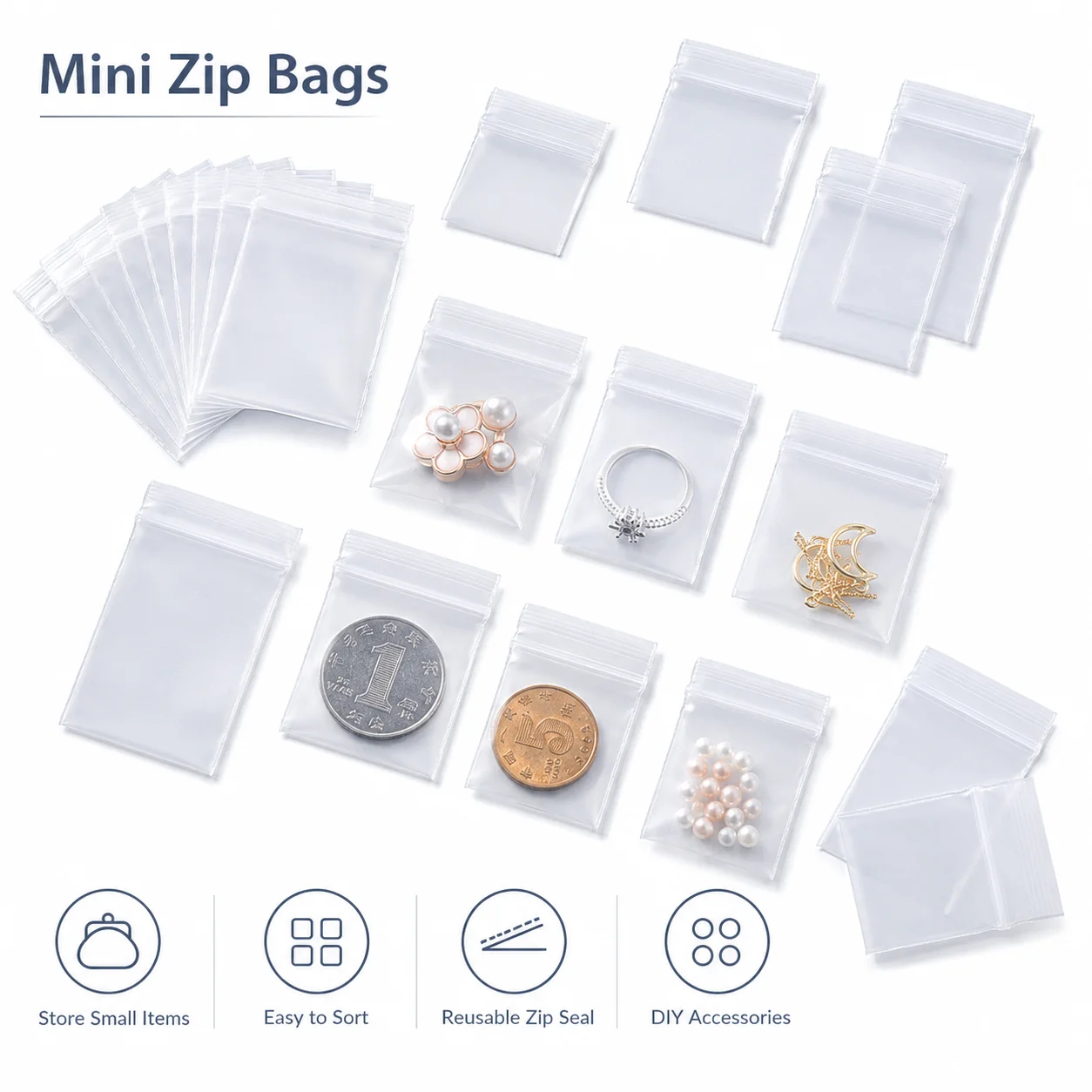 100 Stück Transparente Kleine Zip-Beutel Wiederverschließbare Polyethylen-Plastiktüten zur Aufbewahrung von Schmuck, Accessoires, Perlen und Handarbeiten – Detail 1
