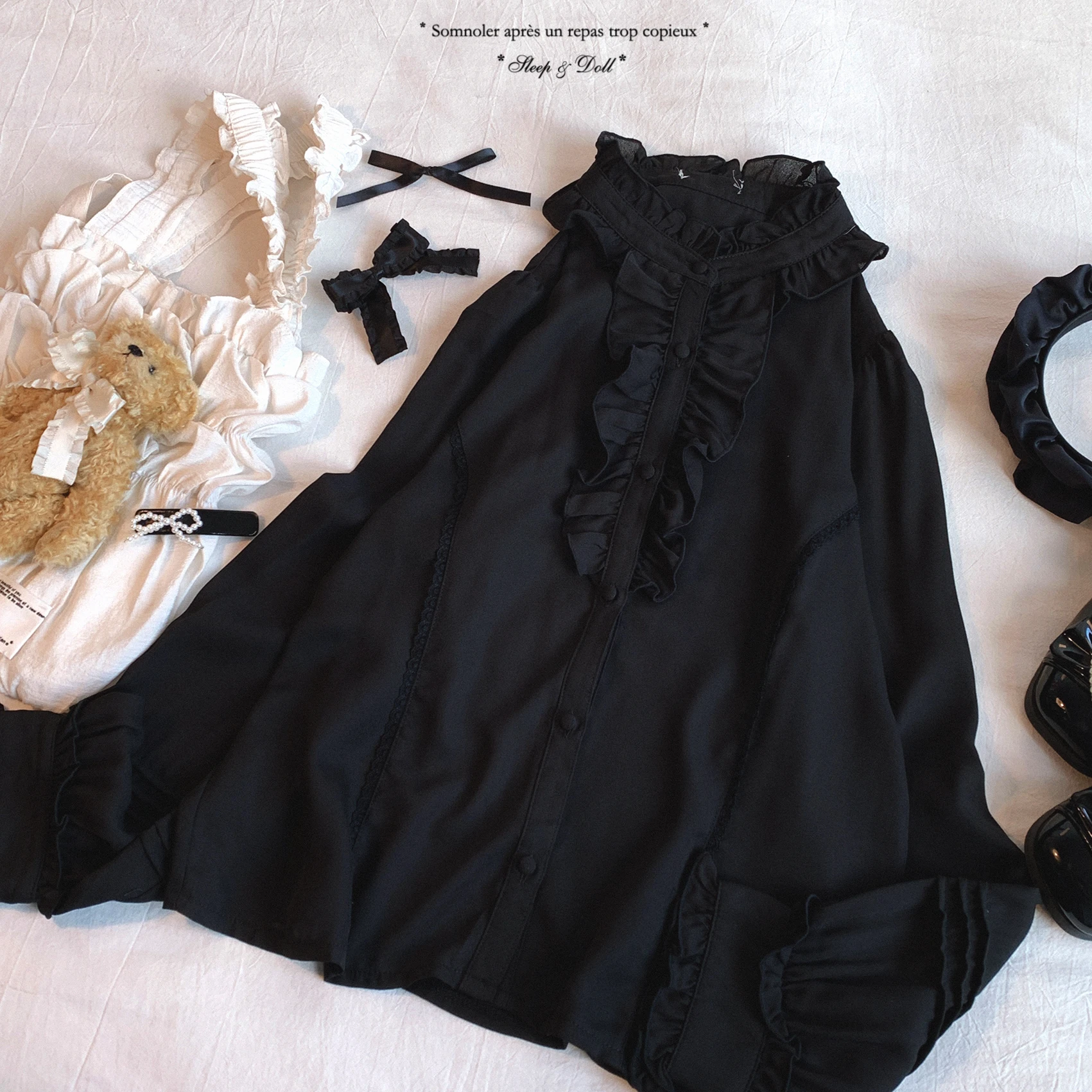 Japanische Elegante Retro Stehkragen Rüschen Spleißen Lange ärmeln einreiher Süße Lose Vielseitige Shirts Tops Frauen Sommer