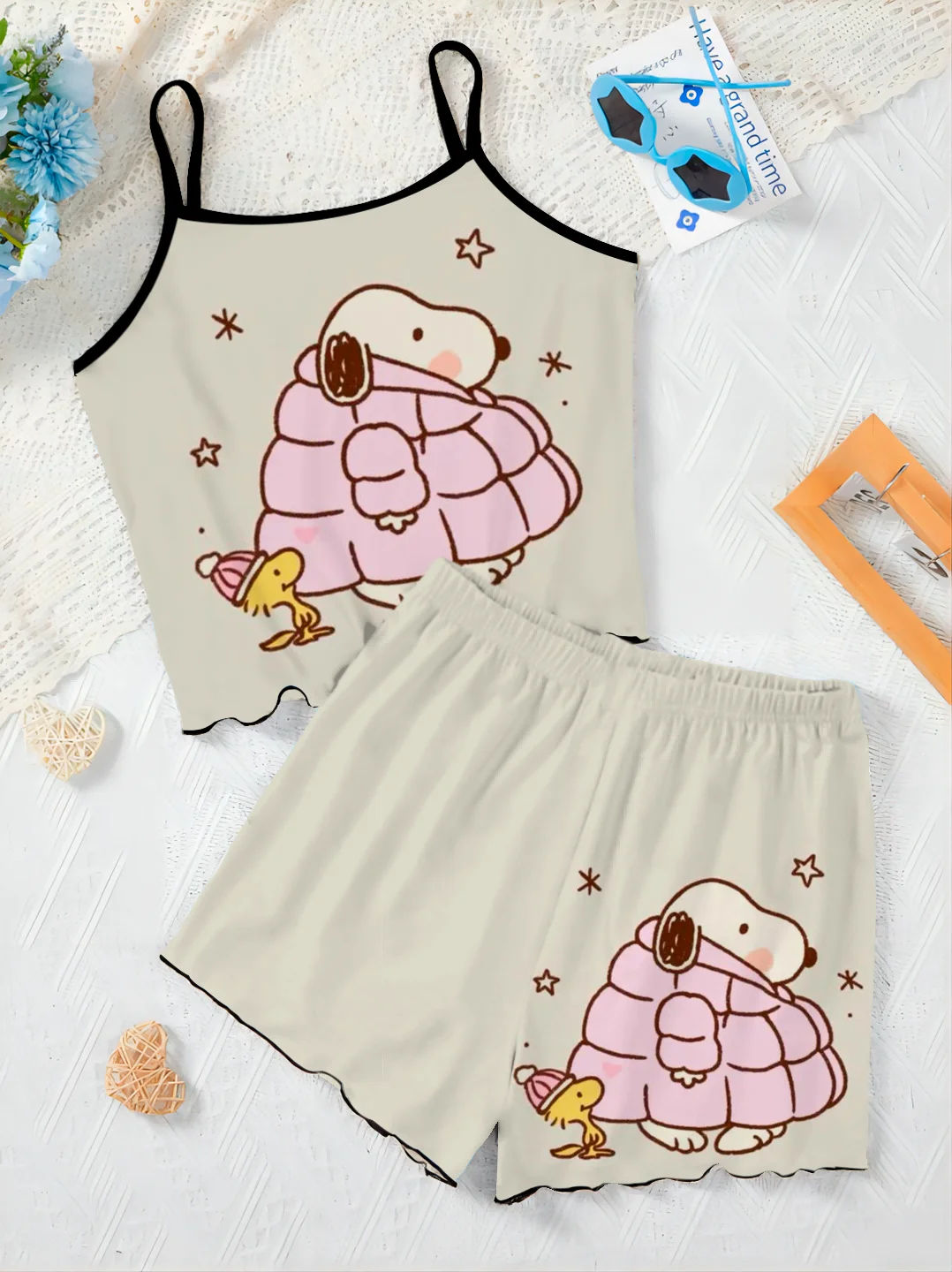 Luxury Elegant Women's Sets Snoopy Home Dress Pajama Skirt T-shirt Lettuce Trim Top Pieces Short Suit Pants Set Woman Chic Top