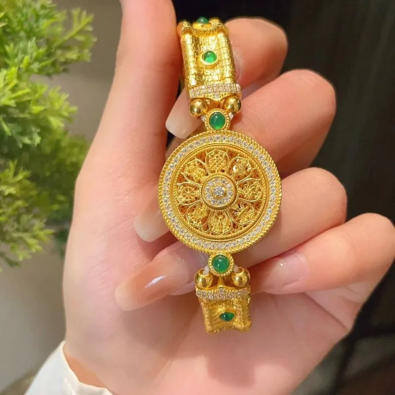 Elegant Eight Treasures Gold-Color Bracelet With Double Clasp Watch Chain, Fashionable Retro Style