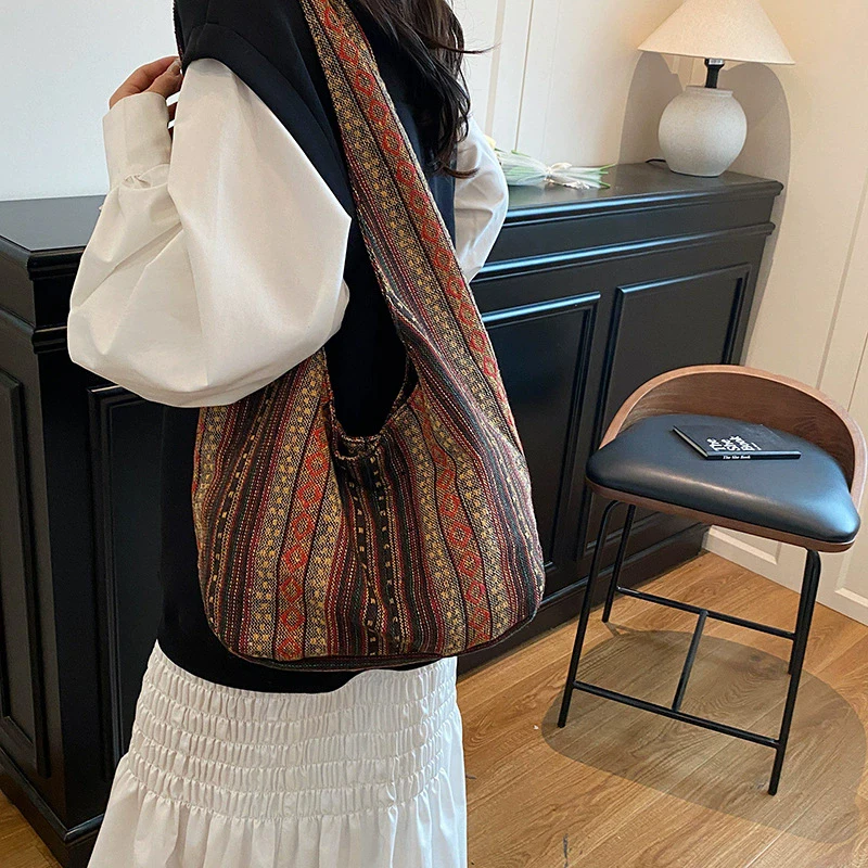 Damen Boho Chic Aztec Tote Bag Ethnic Sling Umhängetasche Schultertasche für Arbeit Reisen Lady Stricken Canvas Gypsy Hippie Bag – Detail 7