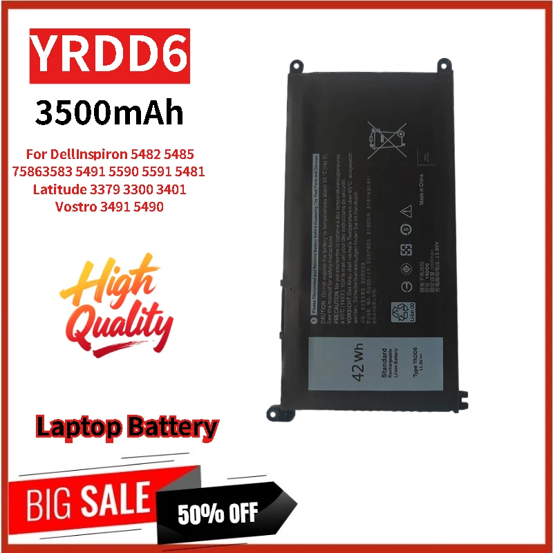 100% New YRDD6 Laptop Battery 11.4V 3500mAh for Dell Vostro 3491 5490 Latitude 3379 3300 Inspiron 3583 5491 5482 5485 7586