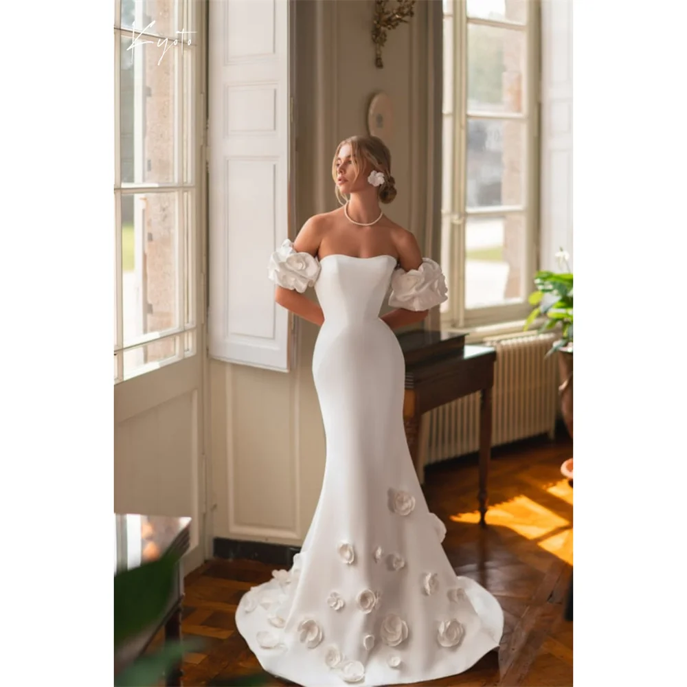 

Kyoto Customized Puff Sleeve Sheath 3D Floral Wedding Dress Strapless Backless فستان زفاف Floor-Length Robe de mariée