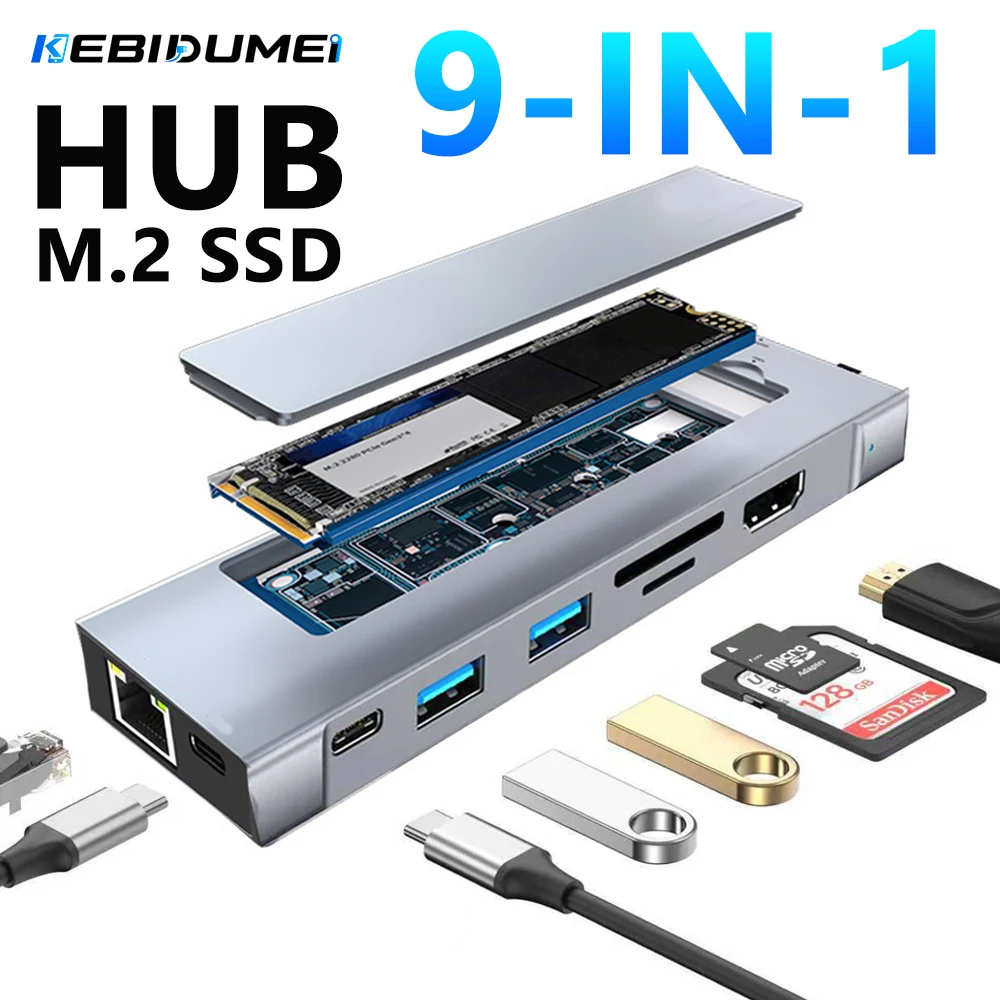 KEBIDUMEI 8-in-1 M.2 SSD-Dockingstation mit Festplattenspeicher 10Gbps USB 3.2 HUB USB C zu SATA+NVME HDMI-Adapter für Laptop Macbook