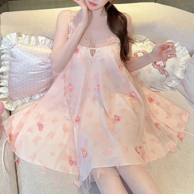 

Satin Butterfly Print Nightdress Women Spaghetti Starao Nightgown Flower Appliques Sleepwear Princess Style Summer Home Dress