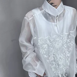 Men's Niche Fashion Lightweight Chiffon Embroidery Stand Collar Long Sleeve Loose Casual Pullover Shirts Oversize Blouse for Men