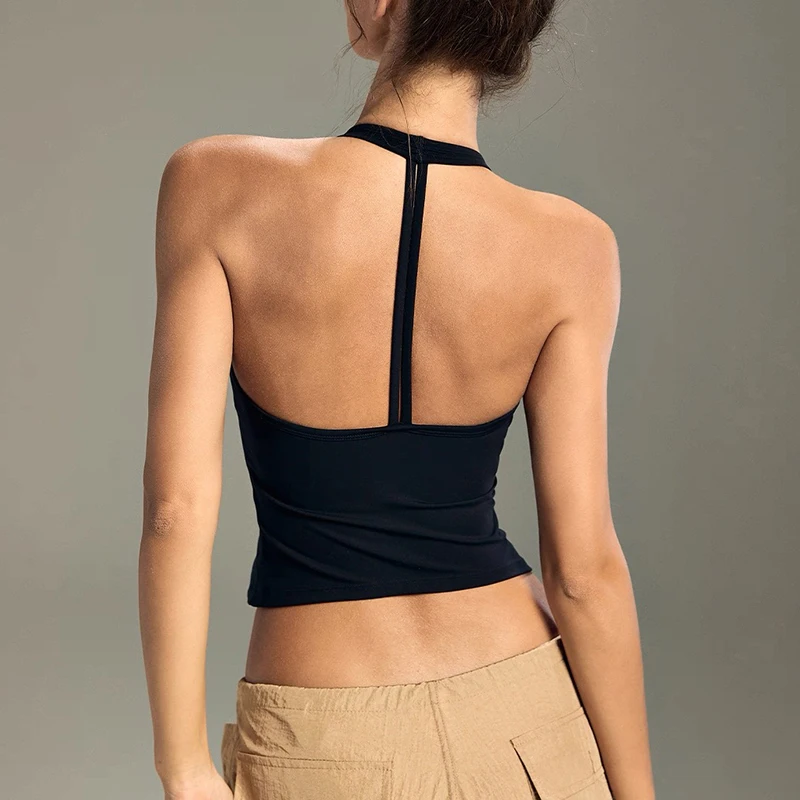 Women's V-Neck Yoga Sports Vest Hanging Back Neck Design Outdoor Running Training Gathered Fit Active Wear Top
