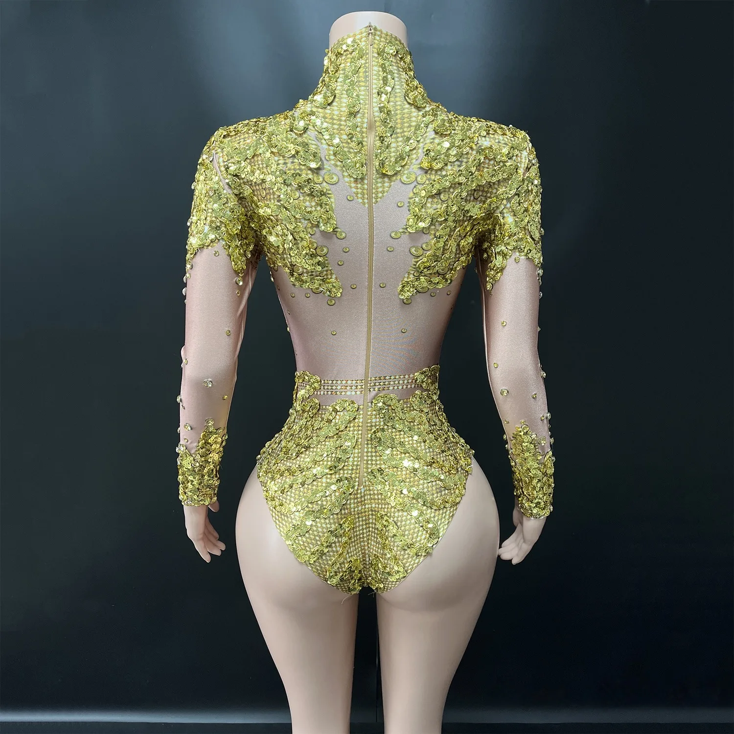 Body de LICRA de manga larga con cuentas y lentejuelas doradas para mujer, Leotardos de gimnasia rítmica brillantes, traje deportivo de baile de alta elasticidad