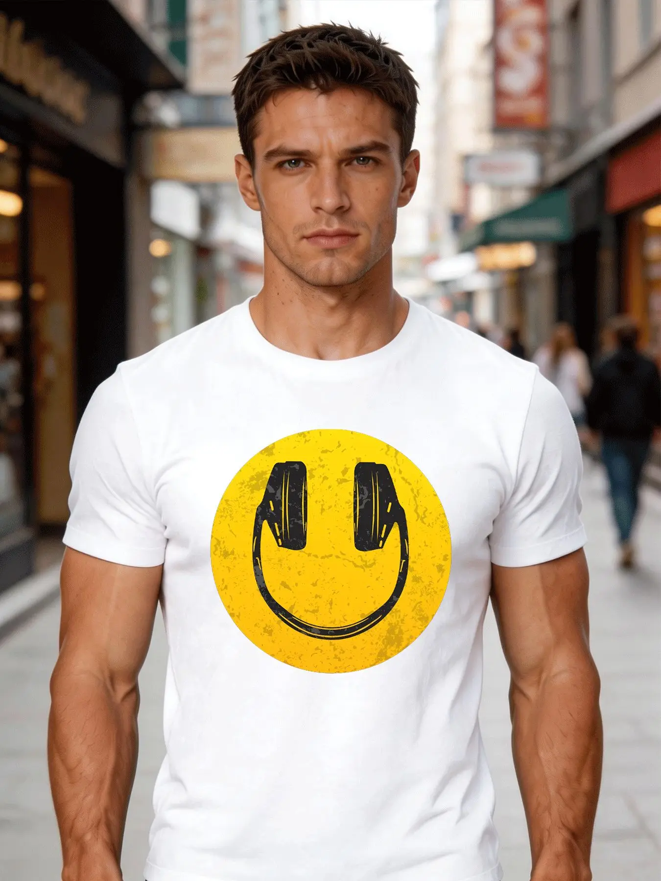 Mens Casual Short Sleeve T Shirt Vintage Headphone Smile Print Crew Neck Cotton Tee Loose Music Street Summer Tops For Adult Guy