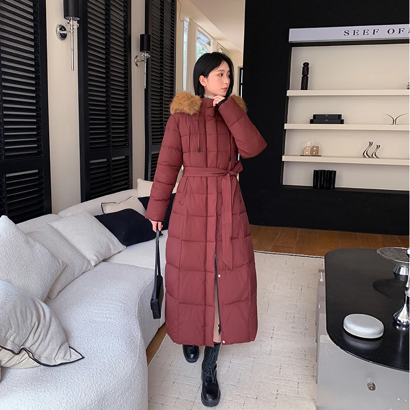 

Зимнее хлопковое тюлевое женское пальто средней длины Thiened, съемная шапка с застежкой на талии, большой меховой воротник выше колена, хлопок C...