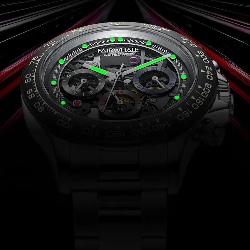 Mark Fairwhale 2025 새로운 최고 브랜드 다기능 해골 시계 자동 운동 기계식 시계 빛나는 방수 남자 시계