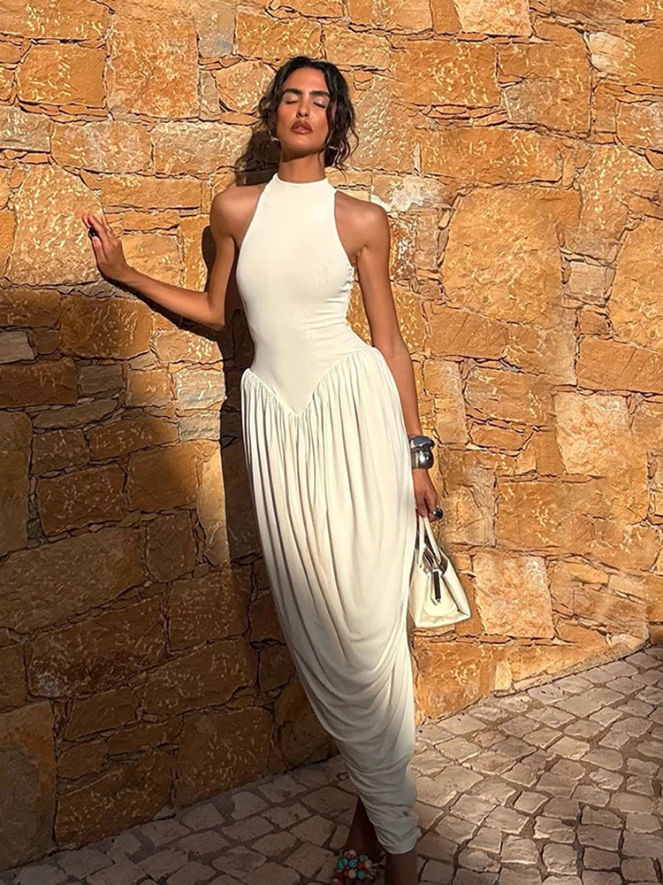 Nibber Gerafftes, elegantes, rückenfreies Kleid für Damen, trendiger, unregelmäßiger Saum, ärmellos, Stretch, klassische Mode, Abendparty, schicke Kleider