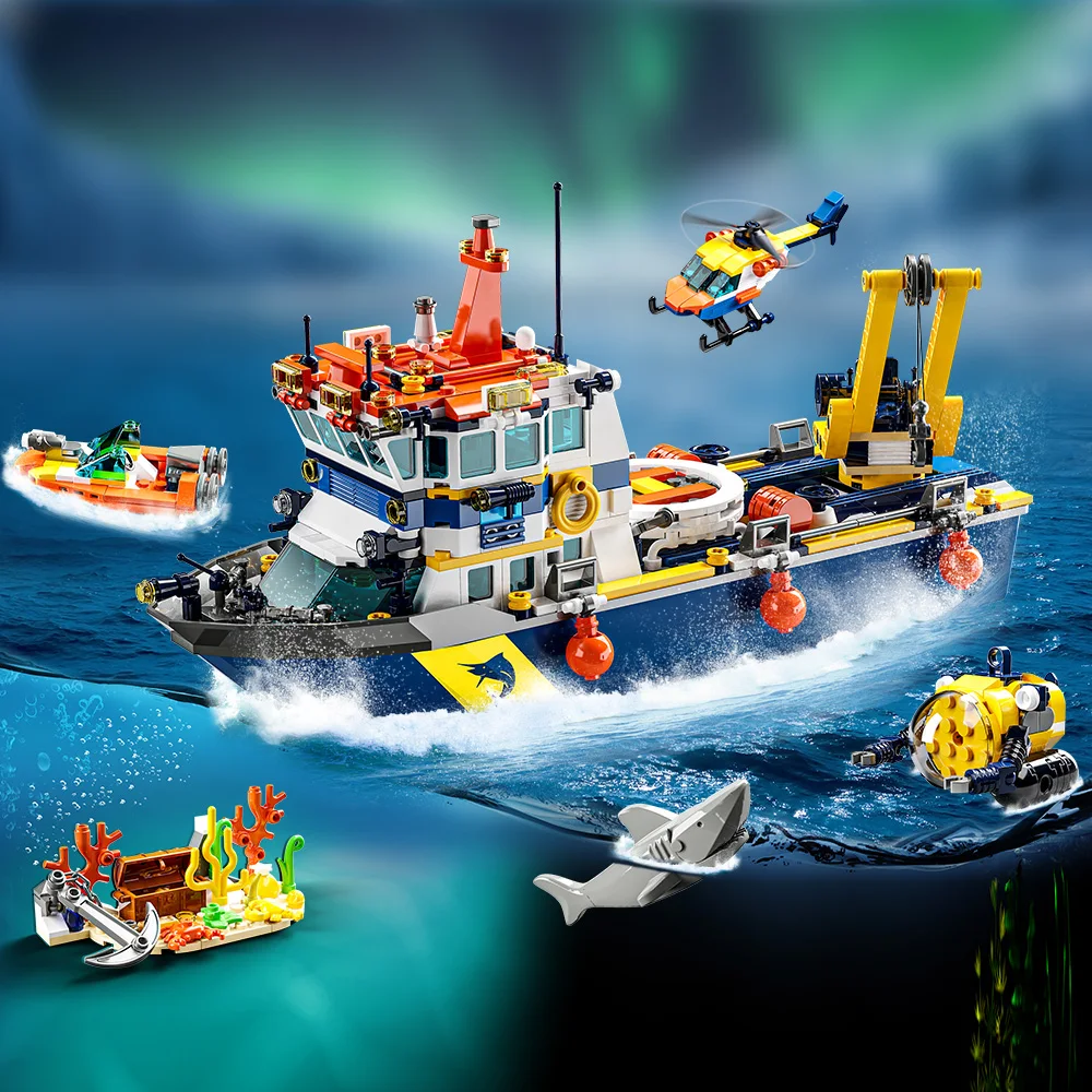 City Ocean Explorer Ship Building Set,Fun Toy Exploration Boat Building Block Kit,Helicopter, Submarine, Birthday Gifts for Kids