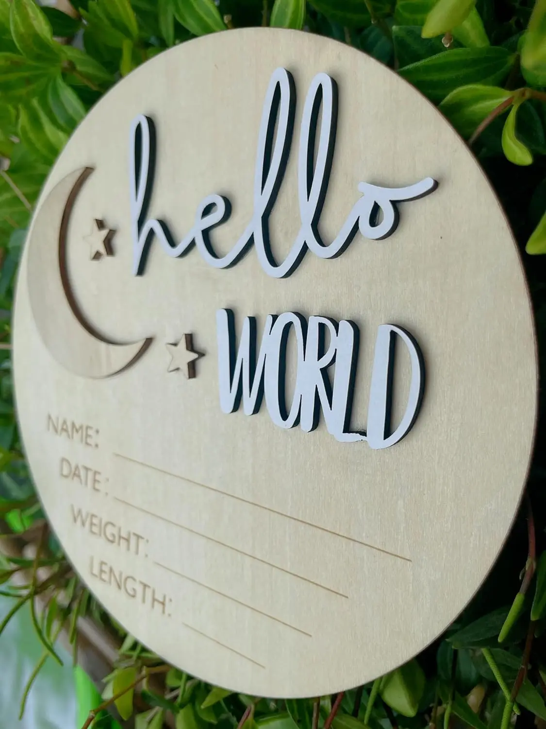 5.9inch Moon & Stars Hello World Birth Announcement Sign for Newborn Birth Stats Wooden Birth Announcement Plaque