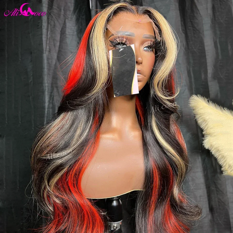 Hitam dengan pirang merah 13x4 Wig depan 200 gelombang tubuh 13x6 Wig depan renda rambut Remy manusia untuk wanita rambut Brasil transparan