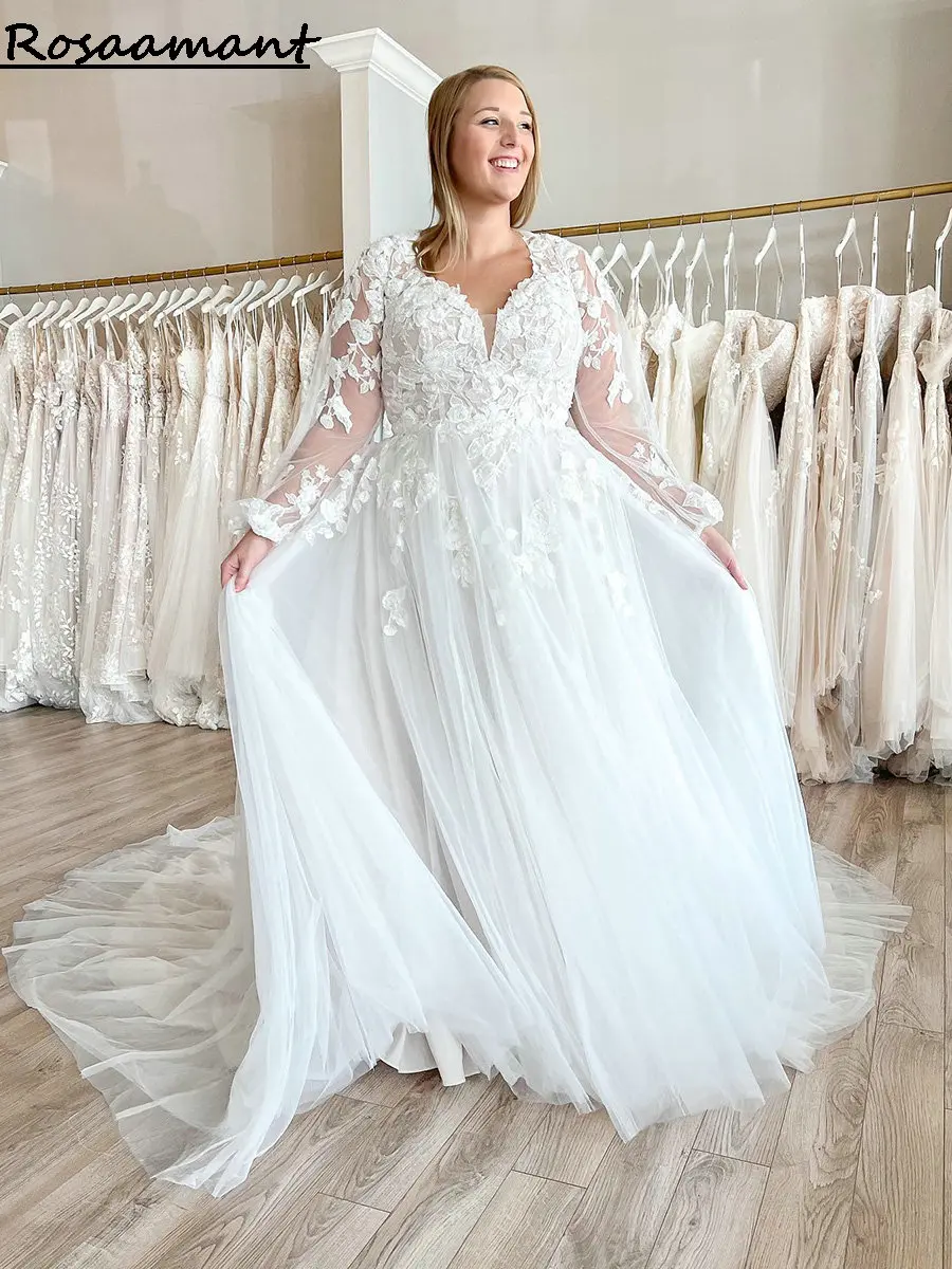 Vestidos de novia de manga larga con escote Corazón, línea A, espalda abierta, apliques de encaje, nueva llegada