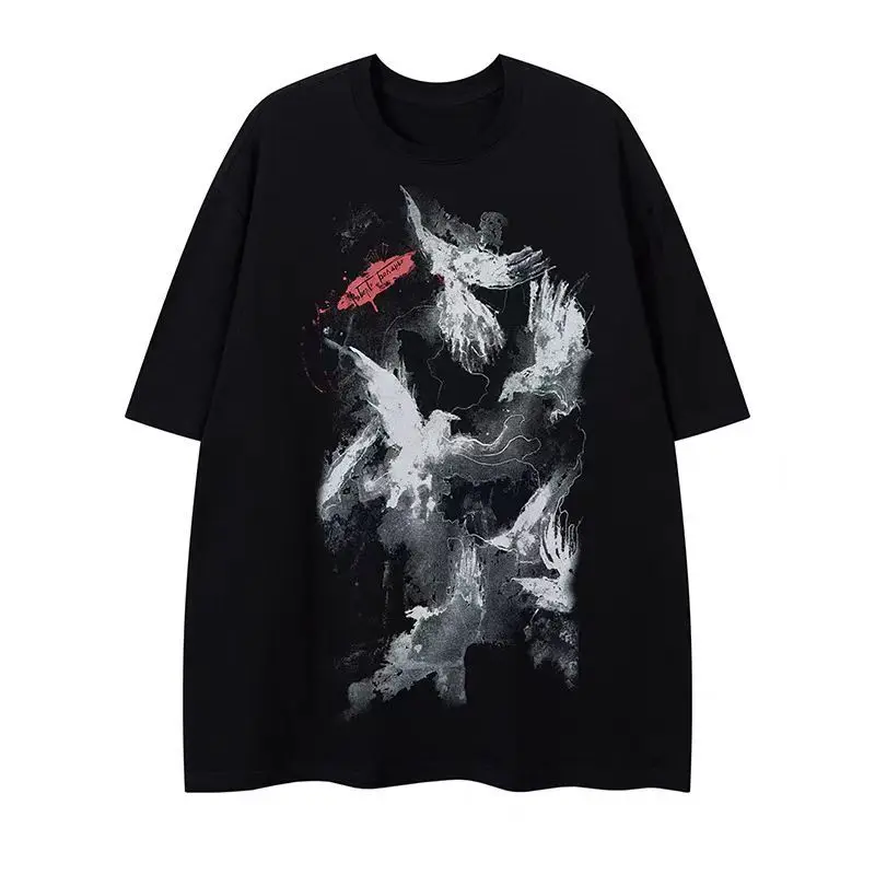 2026 موضة جديدة الأمريكية شارع الحبر حمامة السلام طباعة تي شيرتات قصيرة الاكمام للجنسين قسط القطن عادية حجم كبير