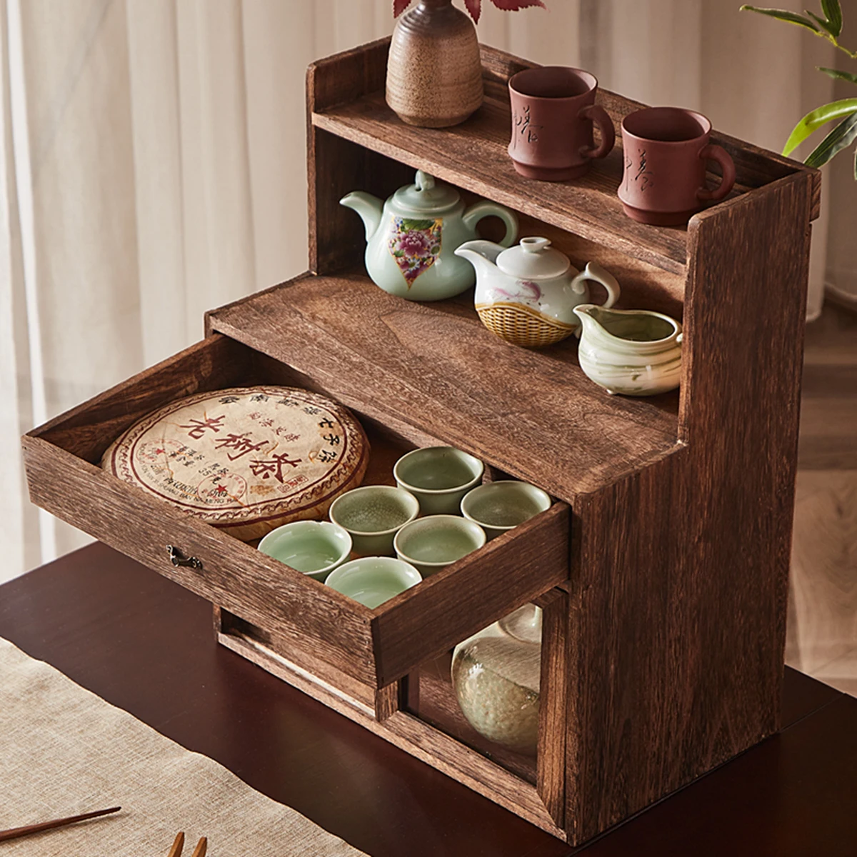 Solid wood dustproof tea cosmetic tea cabinet desktop boogie stand tea cup holder teapot display stand storage shelf